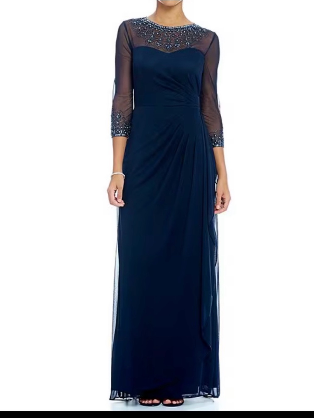 Alex Evenings Elegant Navy Beaded Illusion Necklace Evening Dress.  Dark navy.
